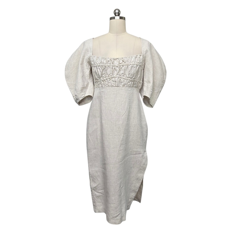 Song of Style Linen Puff Sleeve Smocked Midi Dress Oatmeal Beige Size Medium